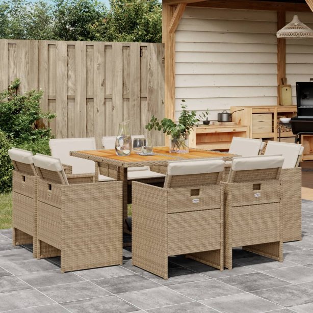 vidaXL 9-tlg. Garten-Essgruppe mit Kissen Schwarz Poly Rattan