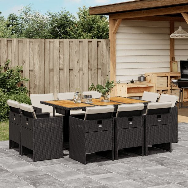 vidaXL 9-tlg. Garten-Essgruppe mit Kissen Schwarz Poly Rattan