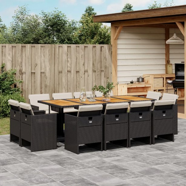 vidaXL 9-tlg. Garten-Essgruppe mit Kissen Schwarz Poly Rattan