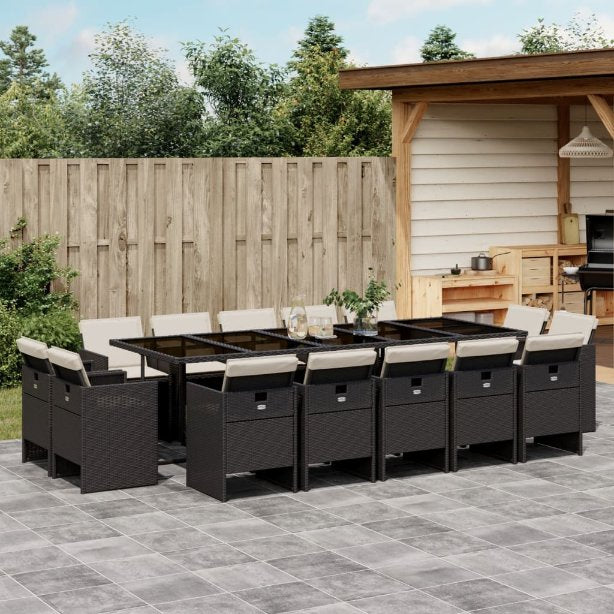 vidaXL 9-tlg. Garten-Essgruppe mit Kissen Schwarz Poly Rattan
