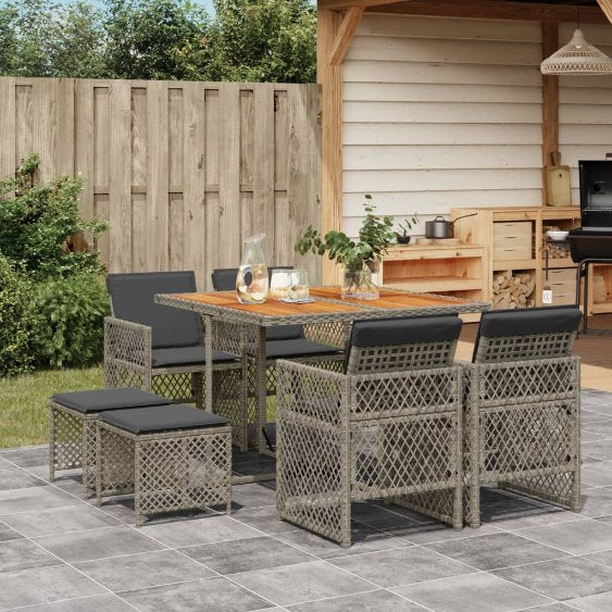 vidaXL 9-tlg. Garten-Essgruppe mit Kissen Schwarz Poly Rattan