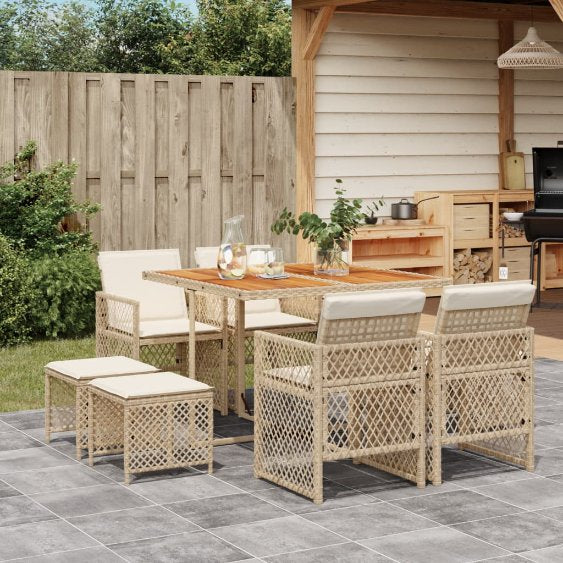 vidaXL 9-tlg. Garten-Essgruppe mit Kissen Schwarz Poly Rattan