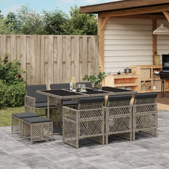 vidaXL 9-tlg. Garten-Essgruppe mit Kissen Schwarz Poly Rattan