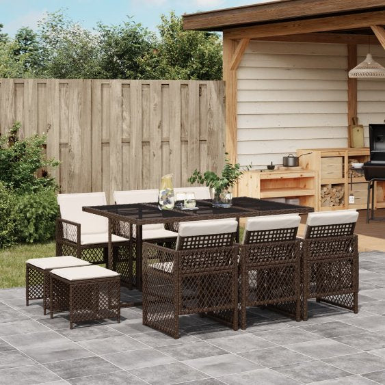 vidaXL 9-tlg. Garten-Essgruppe mit Kissen Schwarz Poly Rattan