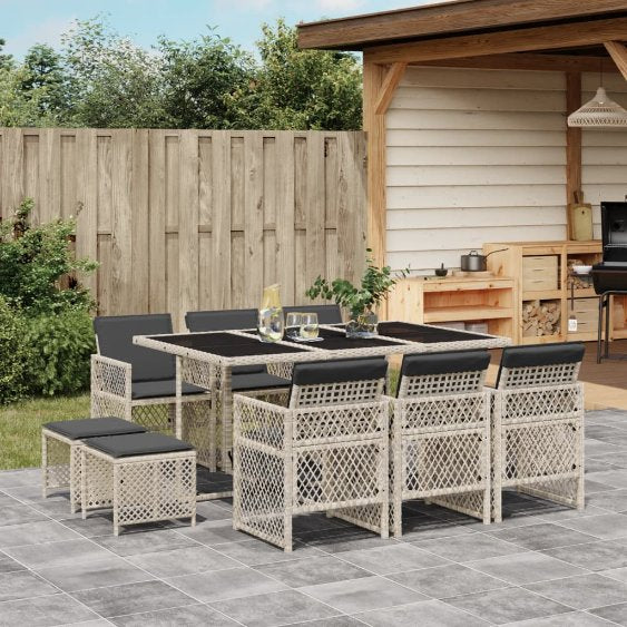 vidaXL 9-tlg. Garten-Essgruppe mit Kissen Schwarz Poly Rattan