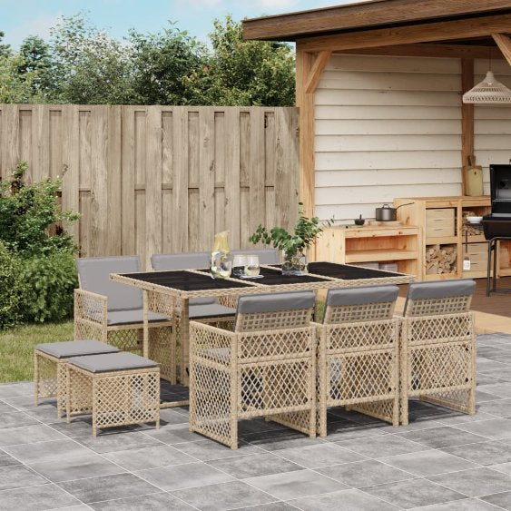 vidaXL 9-tlg. Garten-Essgruppe mit Kissen Schwarz Poly Rattan