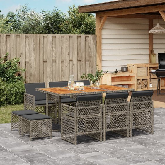 vidaXL 9-tlg. Garten-Essgruppe mit Kissen Schwarz Poly Rattan