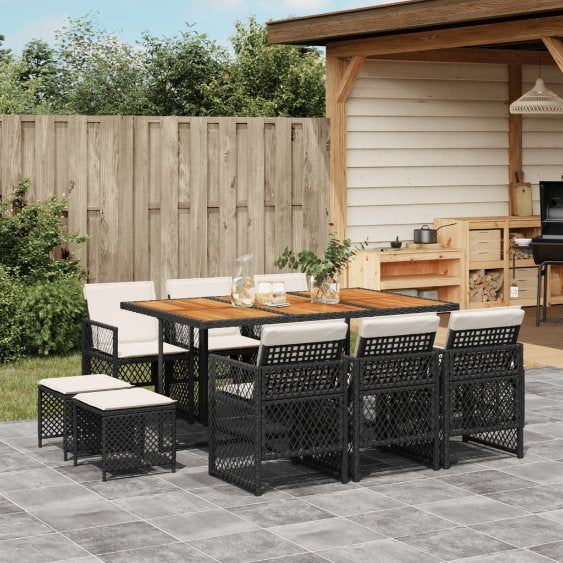 vidaXL 9-tlg. Garten-Essgruppe mit Kissen Schwarz Poly Rattan