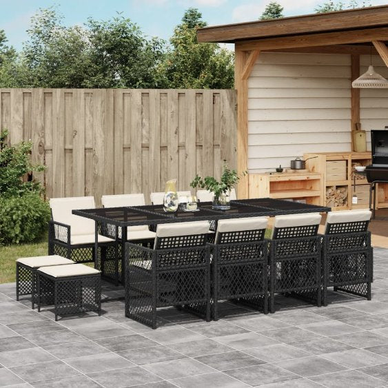 vidaXL 9-tlg. Garten-Essgruppe mit Kissen Schwarz Poly Rattan