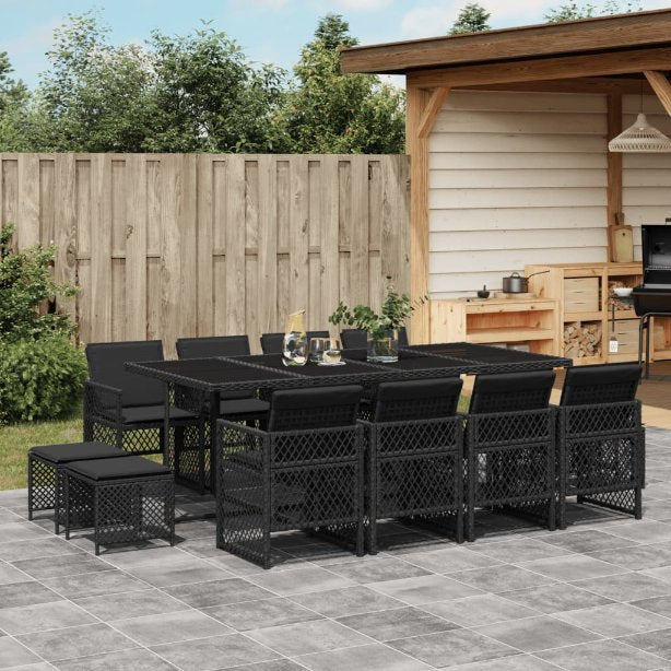 vidaXL 9-tlg. Garten-Essgruppe mit Kissen Schwarz Poly Rattan