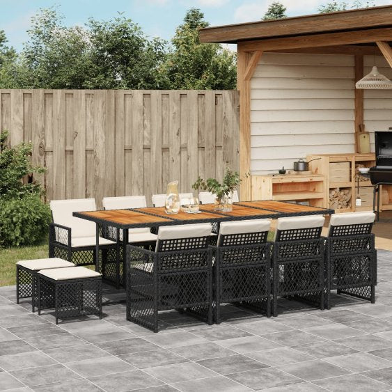 vidaXL 9-tlg. Garten-Essgruppe mit Kissen Schwarz Poly Rattan
