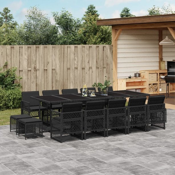 vidaXL 9-tlg. Garten-Essgruppe mit Kissen Schwarz Poly Rattan