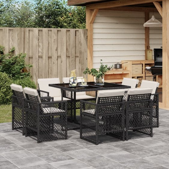 vidaXL 9-tlg. Garten-Essgruppe mit Kissen Schwarz Poly Rattan