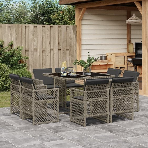 vidaXL 9-tlg. Garten-Essgruppe mit Kissen Schwarz Poly Rattan