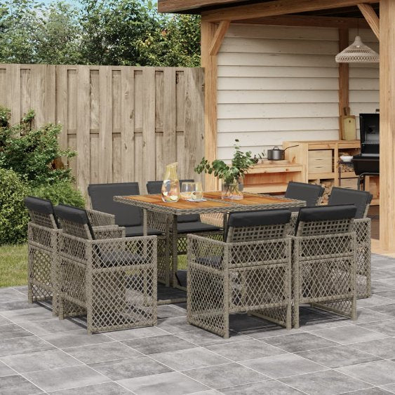 vidaXL 9-tlg. Garten-Essgruppe mit Kissen Schwarz Poly Rattan