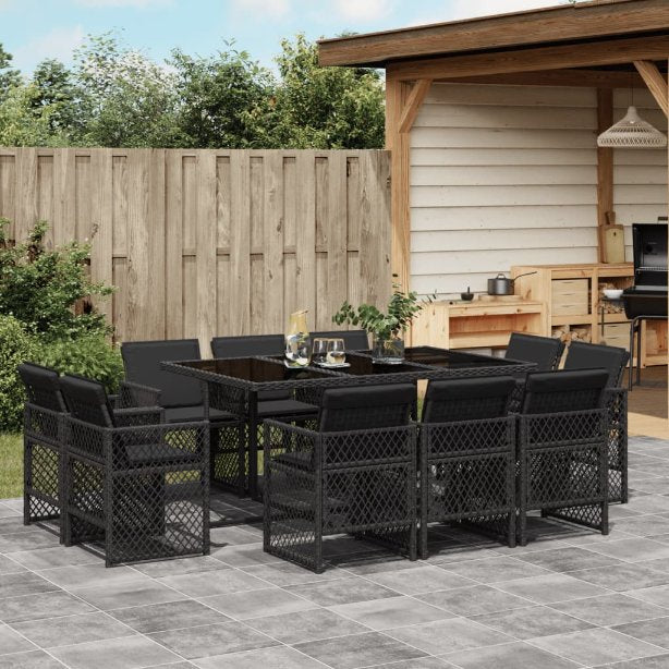 vidaXL 9-tlg. Garten-Essgruppe mit Kissen Schwarz Poly Rattan