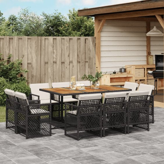 vidaXL 9-tlg. Garten-Essgruppe mit Kissen Schwarz Poly Rattan