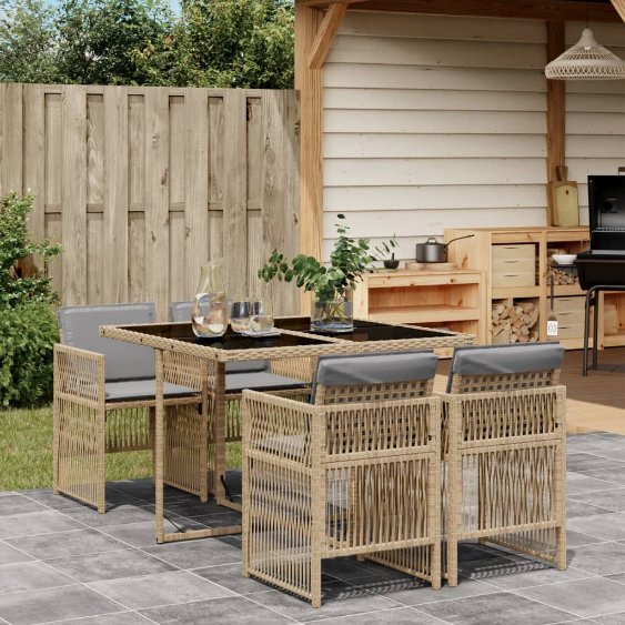 vidaXL 5-tlg. Garten-Essgruppe mit Kissen Schwarz Poly Rattan