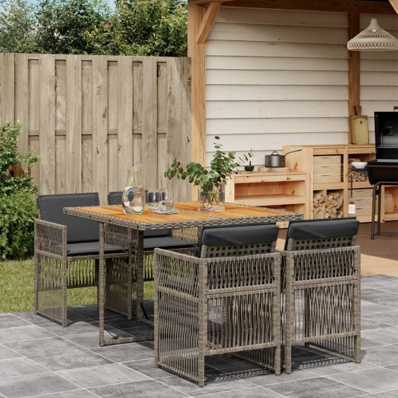 vidaXL 5-tlg. Garten-Essgruppe mit Kissen Schwarz Poly Rattan