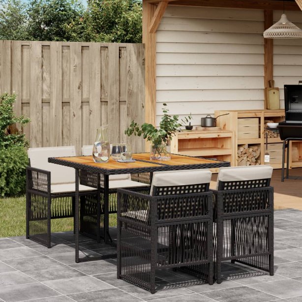 vidaXL 5-tlg. Garten-Essgruppe mit Kissen Schwarz Poly Rattan