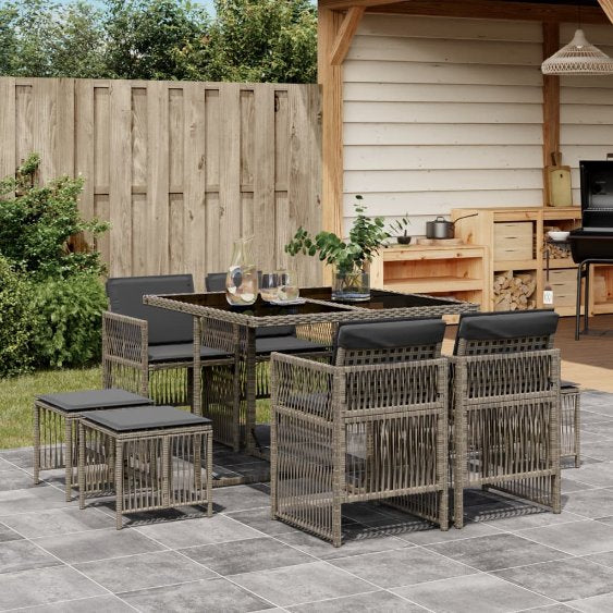 vidaXL 9-tlg. Garten-Essgruppe mit Kissen Schwarz Poly Rattan