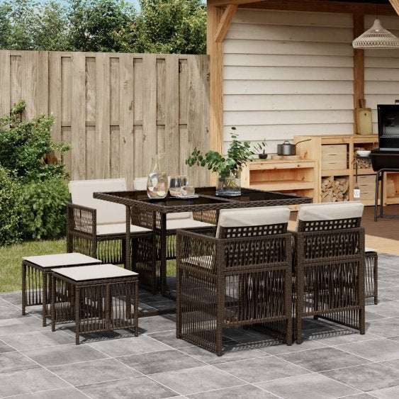 vidaXL 9-tlg. Garten-Essgruppe mit Kissen Schwarz Poly Rattan