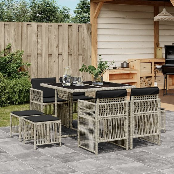vidaXL 9-tlg. Garten-Essgruppe mit Kissen Schwarz Poly Rattan