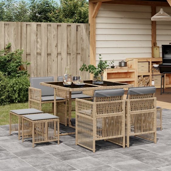 vidaXL 9-tlg. Garten-Essgruppe mit Kissen Schwarz Poly Rattan