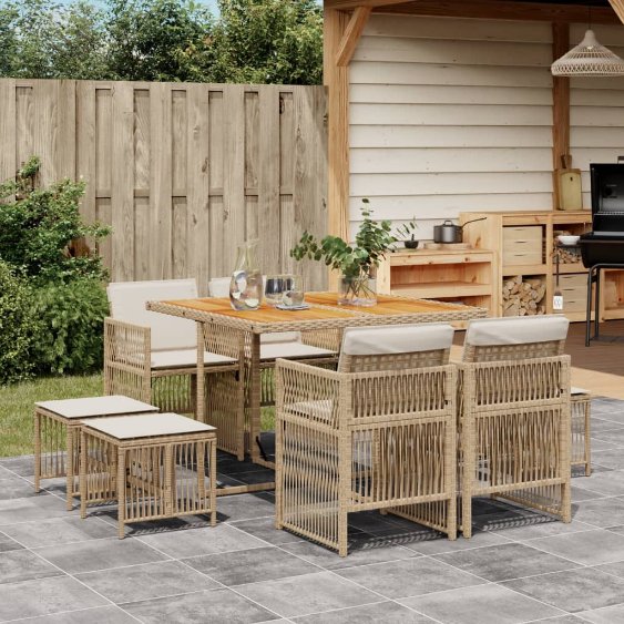 vidaXL 9-tlg. Garten-Essgruppe mit Kissen Schwarz Poly Rattan