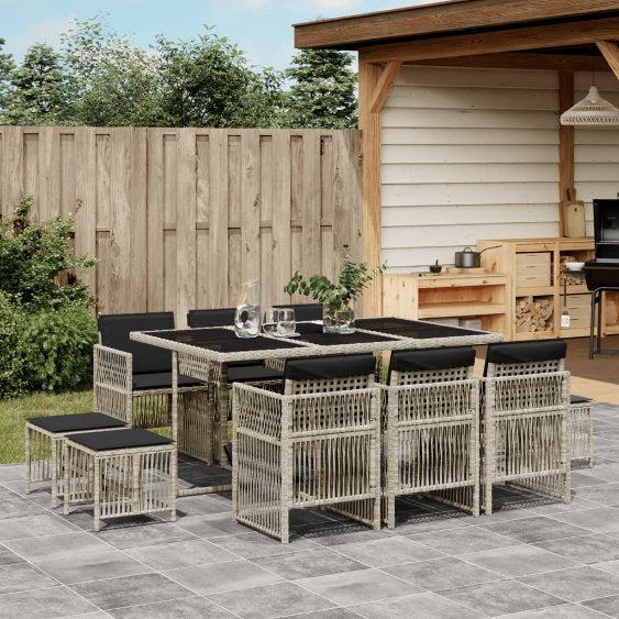 vidaXL 9-tlg. Garten-Essgruppe mit Kissen Schwarz Poly Rattan