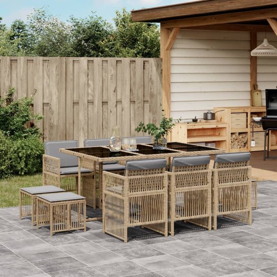 vidaXL 9-tlg. Garten-Essgruppe mit Kissen Schwarz Poly Rattan