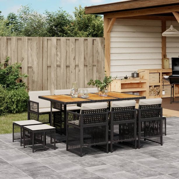 vidaXL 9-tlg. Garten-Essgruppe mit Kissen Schwarz Poly Rattan