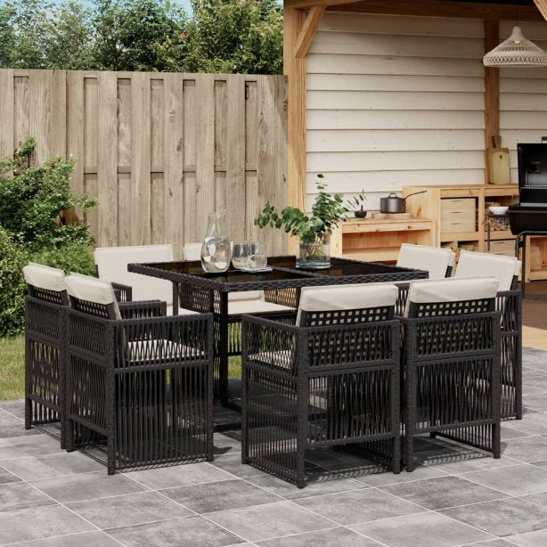vidaXL 9-tlg. Garten-Essgruppe mit Kissen Schwarz Poly Rattan