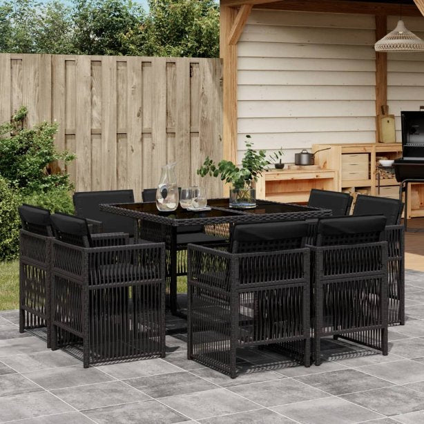 vidaXL 9-tlg. Garten-Essgruppe mit Kissen Schwarz Poly Rattan