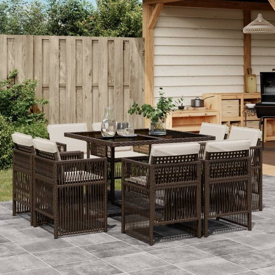 vidaXL 9-tlg. Garten-Essgruppe mit Kissen Schwarz Poly Rattan