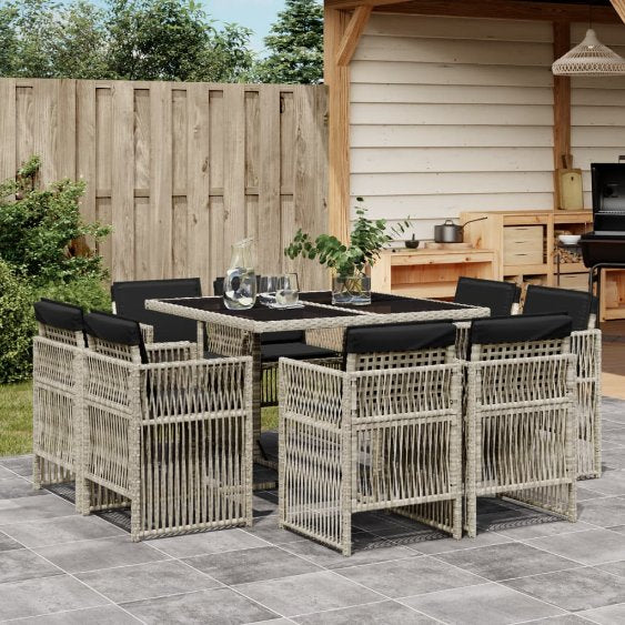 vidaXL 9-tlg. Garten-Essgruppe mit Kissen Schwarz Poly Rattan