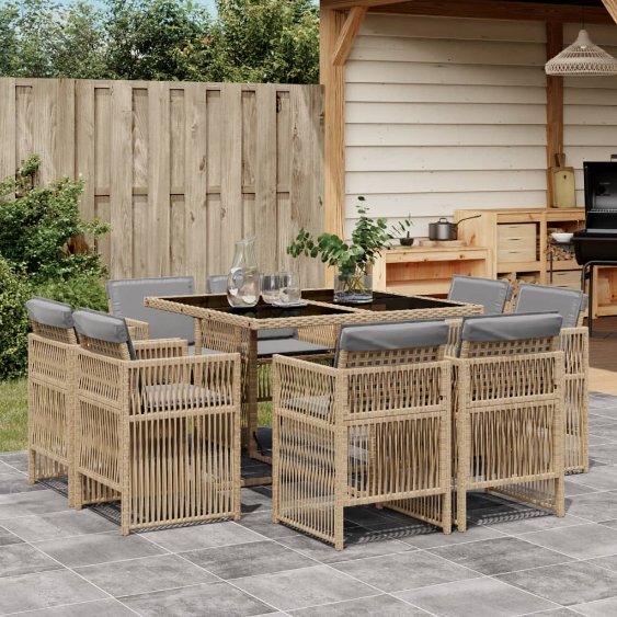 vidaXL 9-tlg. Garten-Essgruppe mit Kissen Schwarz Poly Rattan