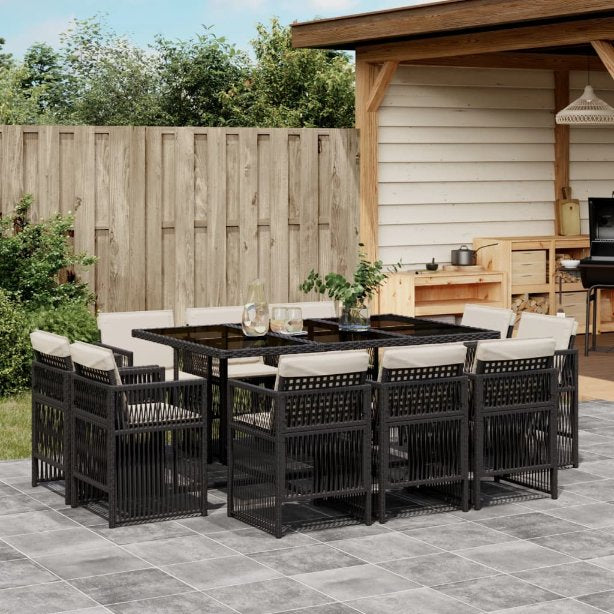vidaXL 9-tlg. Garten-Essgruppe mit Kissen Schwarz Poly Rattan
