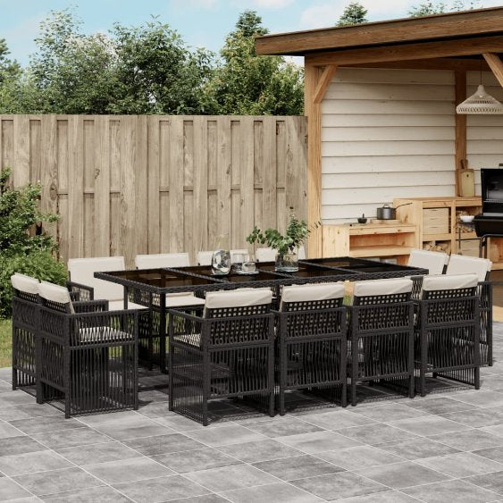 vidaXL 9-tlg. Garten-Essgruppe mit Kissen Schwarz Poly Rattan
