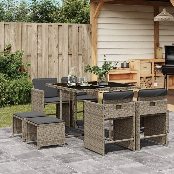vidaXL 9-tlg. Garten-Essgruppe mit Kissen Schwarz Poly Rattan