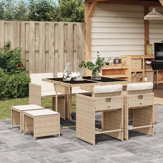 vidaXL 9-tlg. Garten-Essgruppe mit Kissen Schwarz Poly Rattan