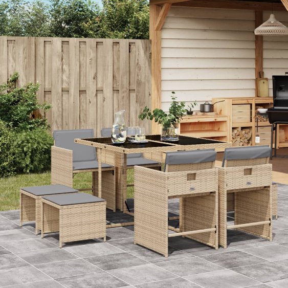vidaXL 9-tlg. Garten-Essgruppe mit Kissen Schwarz Poly Rattan