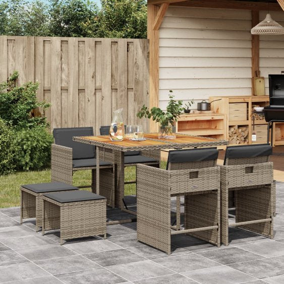 vidaXL 9-tlg. Garten-Essgruppe mit Kissen Schwarz Poly Rattan