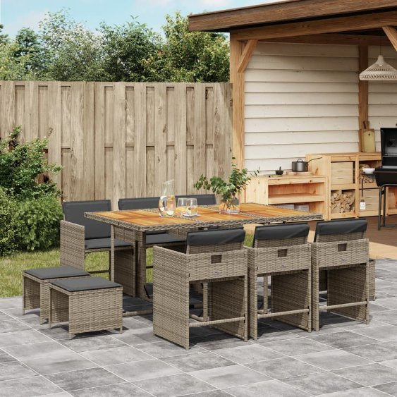 vidaXL 9-tlg. Garten-Essgruppe mit Kissen Schwarz Poly Rattan