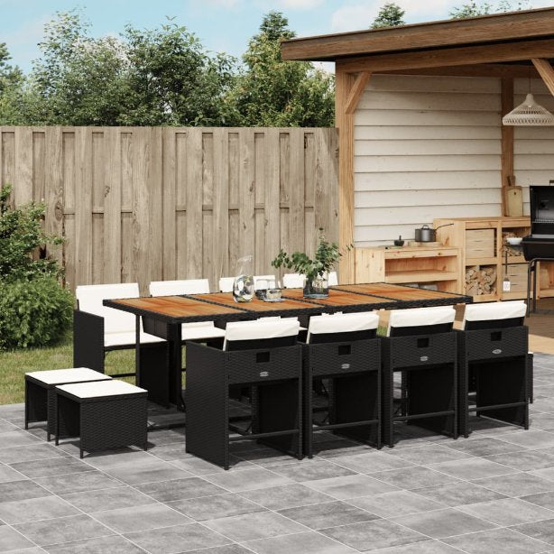 vidaXL 9-tlg. Garten-Essgruppe mit Kissen Schwarz Poly Rattan
