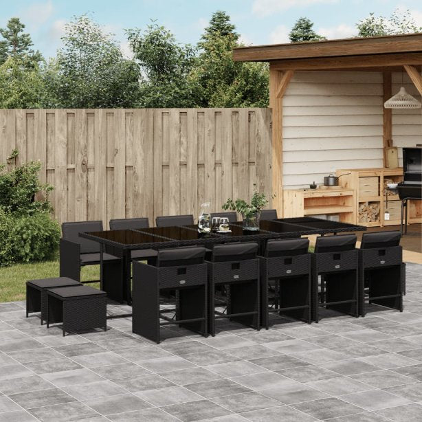 vidaXL 9-tlg. Garten-Essgruppe mit Kissen Schwarz Poly Rattan