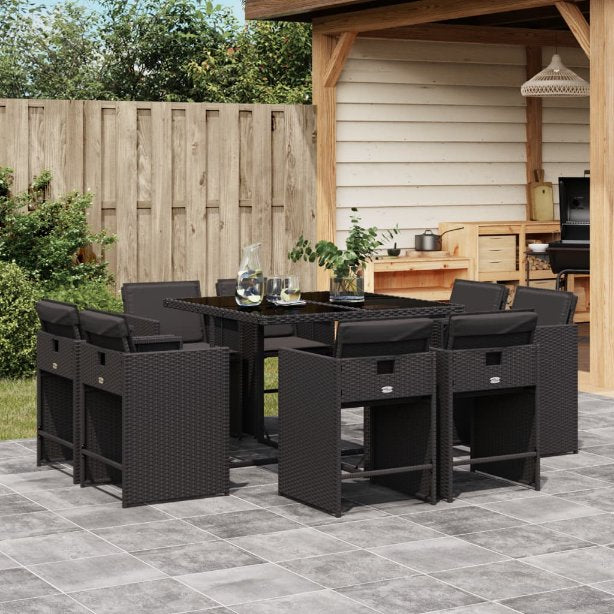 vidaXL 9-tlg. Garten-Essgruppe mit Kissen Schwarz Poly Rattan