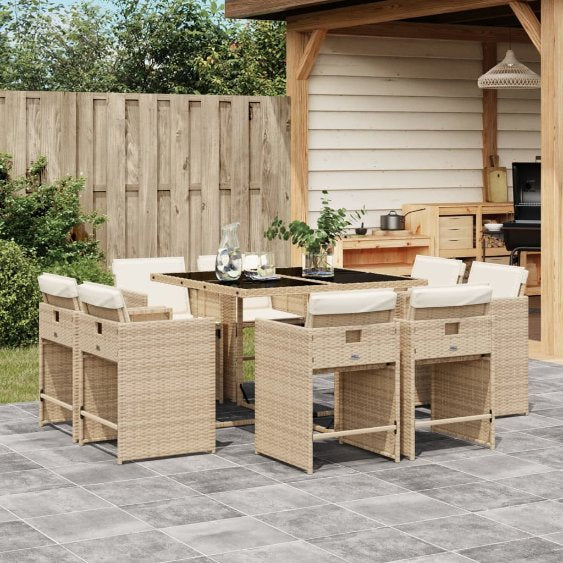 vidaXL 9-tlg. Garten-Essgruppe mit Kissen Schwarz Poly Rattan