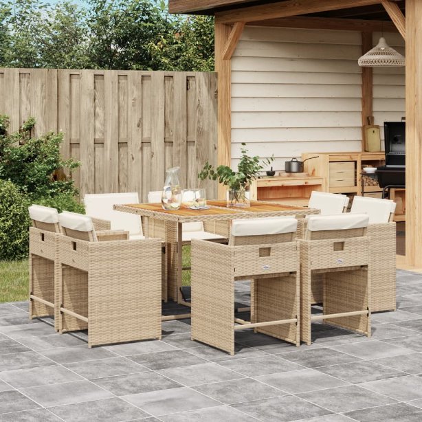 vidaXL 9-tlg. Garten-Essgruppe mit Kissen Schwarz Poly Rattan