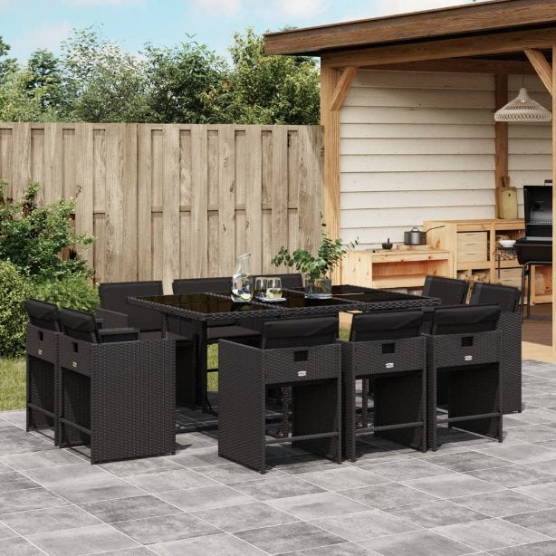 vidaXL 9-tlg. Garten-Essgruppe mit Kissen Schwarz Poly Rattan